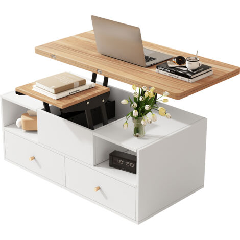 Tavolino da caffè 100x50x47,5 cm, Trasformabile, Portata Max 60 kg, 4 Cassetti, Struttura in MDF, Naturale, per Soggiorno