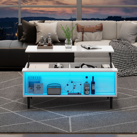 Tavolino da caffè 105x50x43cm Altezza regolabile, illuminazione a LED, moderno MDF bianco per soggiorno e camera da letto