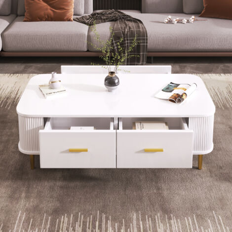 Tavolino da caffè 105x51x38 cm con 4 cassetti, bordi arrotondati e lati ondulati, in MDF bianco con gambe dorate