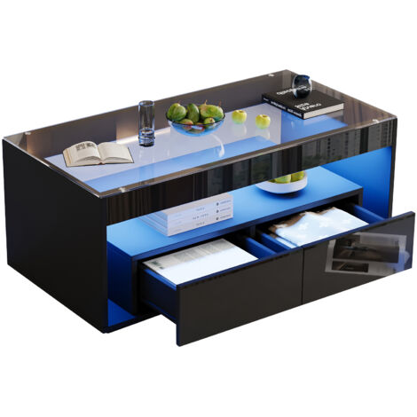 Tavolino da caffè 110x50x40 cm, moderno LED 16 colori, rettangolare 2 cassetti, Vetro doppio strato, MDF, Nero