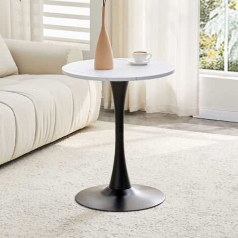 Tavolino da caffè 60x60x72 cm, tavolo rotondo, con piano in MDF, struttura in metallo, effetto venato bianco, per angoli casa