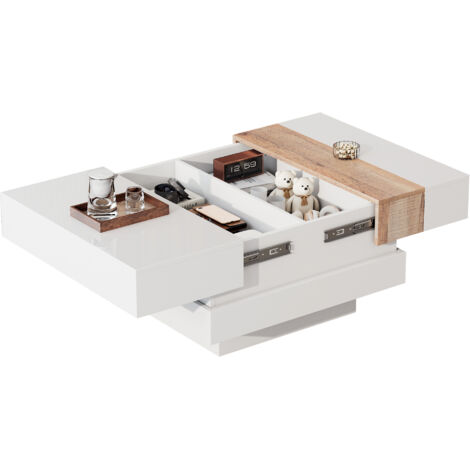 Tavolino da caffè 70x70x39cm portata 30kg piano estraibile doppi scomparti MDF bianco per uso quotidiano e soggiorno
