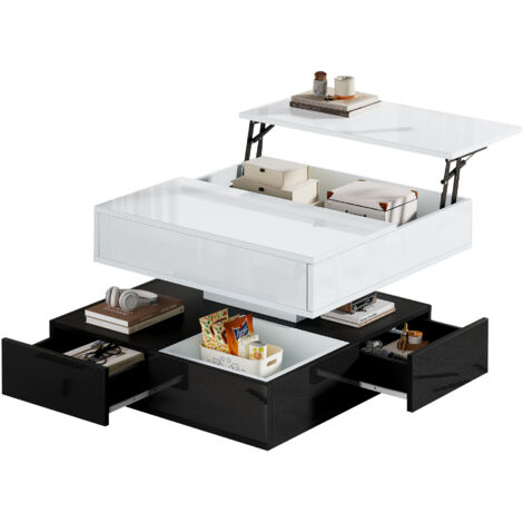 Tavolino da caffè 70x70x40 cm, Piano Lucido Rotante con 3 Cassetti, Ripostiglio Nascosto, Portata 20 kg, MDF Bianco