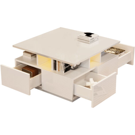 Tavolino da caffè 70x70x40 cm, Salvaspazio con LED e 4 Cassetti, Pannello Truciolato Bianco, per Soggiorno e Camera