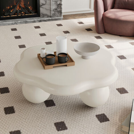 Tavolino da caffè 80x35 cm a forma di nuvola, design moderno e salvaspazio per soggiorno, in MDF e plastica bianco crema.