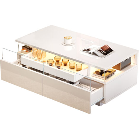 Tavolino da Caffè 90x45x35.5 cm con LED, Piano Vetro, 2 Cassetti e Vassoio, Pannello truciolare, Bianco, per Salotto.