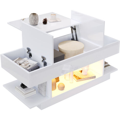 Tavolino da caffè 98x45x40cm, altezza regolabile, piano ribaltabile, LED controllabile, salvaspazio, MDF bianco per soggino