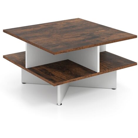 Tavolino da caffè a 2 livelli con 4 scomparti per storage, Tavolo centrale per soggiorno da 60 cm Marrone Rustico e Bianco