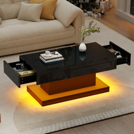 Tavolino da caffè a LED con contenitore, tavolino laterale per divano - adatto per soggiorno e camera da letto, 2 cassetti, 100×50×45 cm, Nero