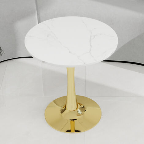 Tavolino da caffè basso tondo 70x70x45cm, superficie marmo sintetico bianco, telaio dorato, per soggiorno