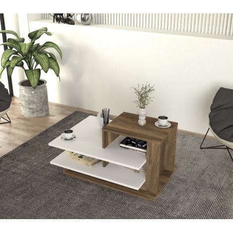 Tavolino da caffè bicolore bianco e noce con contenitore, 84,8x43,6x60 cm, per soggiorno o ufficio contemporaneo