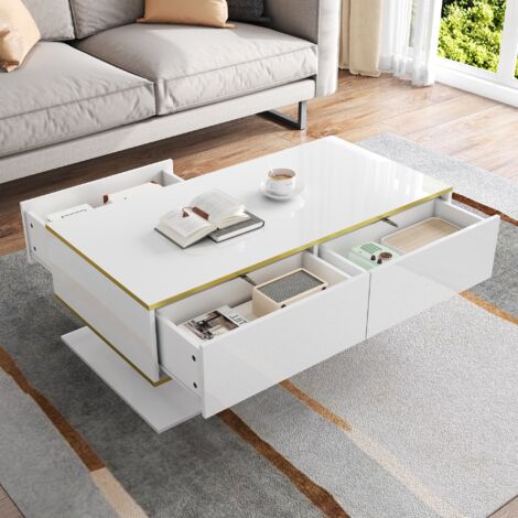 Tavolino da Caffè con 3 Cassetti e Vano Aperto e LED, Bianco Lucido, Decoro Oro, 100×50×40 cm, in Pannello Truciolare