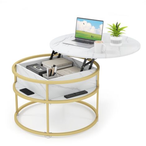 Tavolino da caffè con piano sollevabile con vano nascosto e ripiani laterali, Tavolo rotondo da 80 cm Bianco
