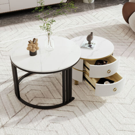 Tavolino da caffè impilabile 2 in 1, impiallacciato in marmo, tavolino laterale per divano, 70×70×46+50×50×40 cm, MDF, bianco