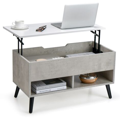 Tavolino da caffè moderno con scomparto nascosto e 2 scaffali aperti, Tavolino in legno per soggiorno Grigio