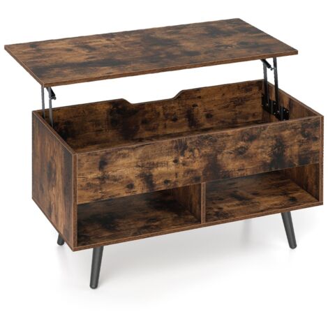 Tavolino da caffè moderno con scomparto nascosto e 2 scaffali aperti, Tavolino per soggiorno in legno Marrone