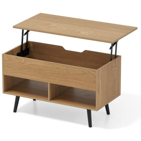 Tavolino da caffè moderno con scomparto nascosto e 2 scaffali aperti, Tavolino per soggiorno in legno Naturale