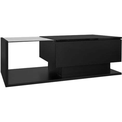 Tavolino da caffè nero lucido 100x50x32 cm con piano e cassetti in vetro antigraffio con 1 cassetto con illuminazione a LED