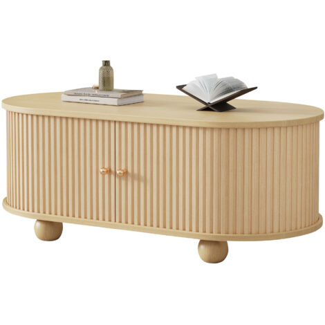 Tavolino da Caffè Ovale 100x50x40 cm, con Ante Scanalate, Capacità 30 kg, Modulare MDF, Naturale, per soggiorno e camera