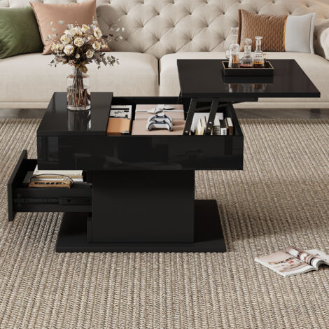 Tavolino da caffè quadrato con piano sollevabile e girevole a 360°, vano portaoggetti e 1 cassetto, 70×70×45 cm, tavolino moderno per soggiorno, Nero