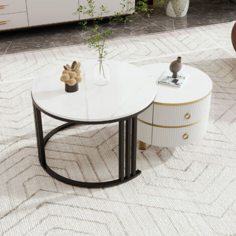 Tavolino da caffè rotondo 2 in 1 con piano lucido e 1 piano in marmo bianco, 2 cassetti, bianco e nero