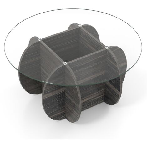 Tavolino da caffè rotondo con piano in vetro temperato e base in legno massello, Tavolino moderno con scomparto portaoggetti Marrone