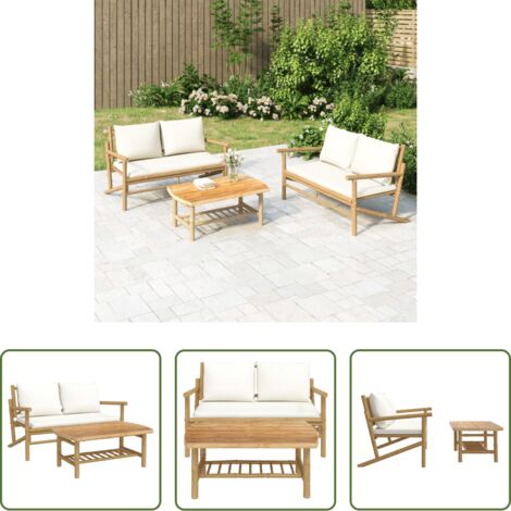 Tavolino da caffè -  Set Salotto da Giardino 2pz con Cuscini Bianco Crema in Bambù