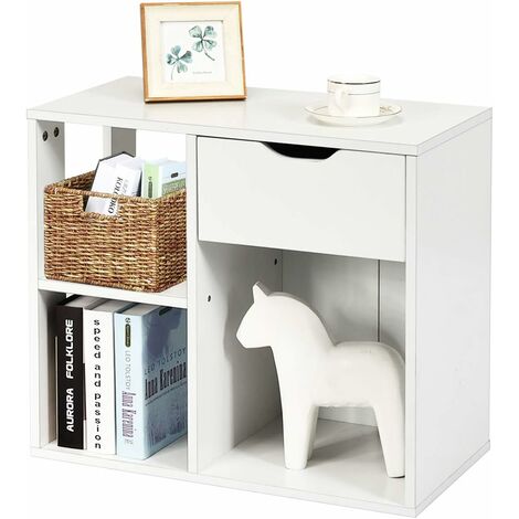 Tavolino da Divano, Tavolino Pratico con 3 Ripiani e 1 Cassetto, Comodino Industriale e Moderno, Tavolino Basso in Legno Robusto, Consolle per Salotto, Camera da Letto, Bianco