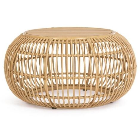 Tavolino Da Esterno Florisel Con Struttura In Alluminio Verniciato A Polvere Effetto Rattan E Piano In Teak D 86 x H 45 cm