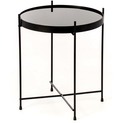 Tavolino da Giardino Ø38x43 cm in Metallo Top in Vetro Nero