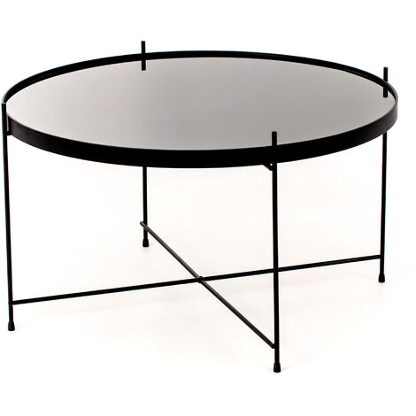 Tavolino da Giardino Ø70x40 cm in Metallo Top in Vetro Nero
