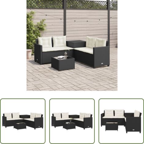Tavolino da giardino -  Divano da Giardino con Tavolo e Cuscini a L Nero in Polyrattan