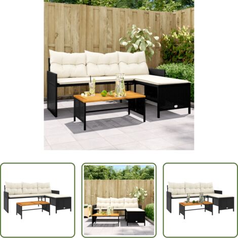 Tavolino da giardino -  Divano da Giardino con Tavolo e Cuscini a L Nero in Polyrattan