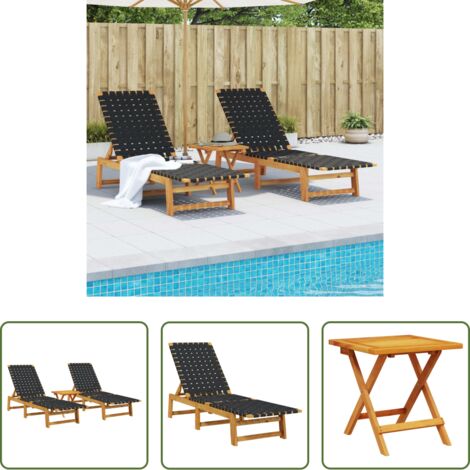 Tavolino da giardino -  Lettini Prendisole con Tavolino 2pz Neri Legno Massello Acacia