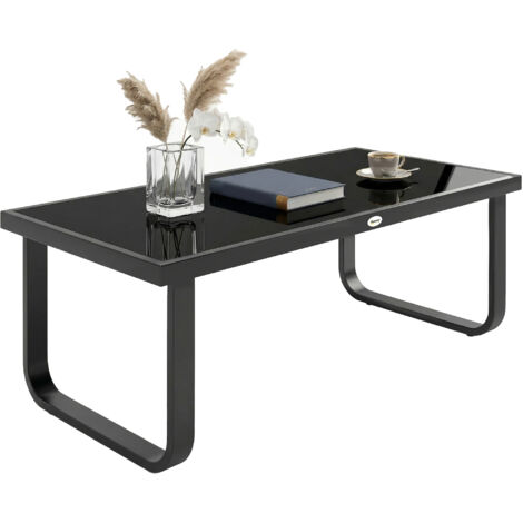 Tavolino da giardino rettangolare, gambe curve, piano in vetro temperato, per patio o balcone, 90 x 45 x 33 cm, nero