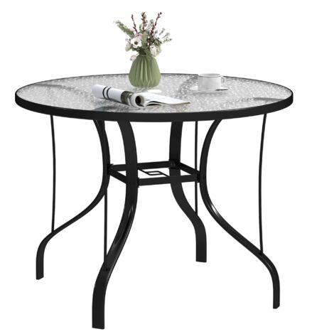 Tavolino da Giardino Rotondo Ø96.5x71 cm con Foro per Ombrellone in Metallo e Vetro Temperato Nero