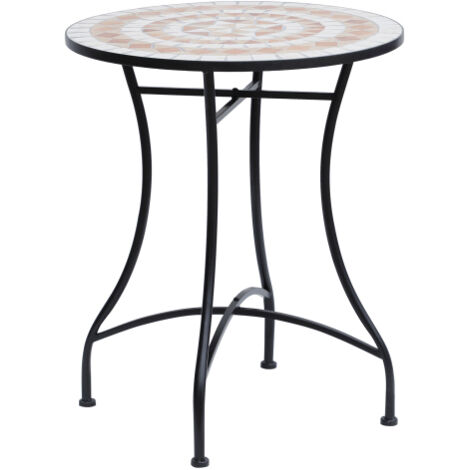 Tavolino da giardino rotondo con mosaico Ø60 cm, tavolino da balcone in acciaio e ceramica arancione e bianco, altezza 71 cm per giardino e balcone