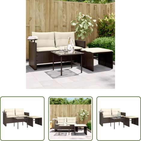 Tavolino da giardino -  Set Divano da Giardino 3 pz con Cuscini Marrone in Polyrattan