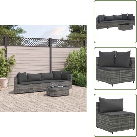 Tavolino da giardino - vidaXL Set Divano da Giardino 5 pz con Cuscini Grigio in Polyrattan - Arredamento da esterno
