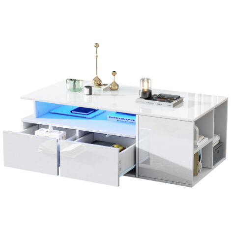 Tavolino da Salotto 100x50x35 cm, LED App Control, 2 Cassetti e Spazio Stoccaggio, Pannello Truciolare, Bianco, per Soggiorno