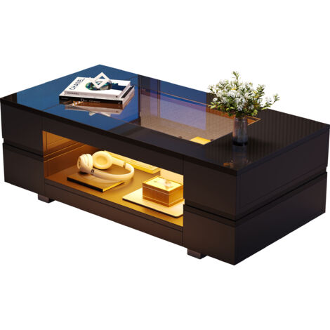 Tavolino da salotto 100x50x35cm Ampio spazio di stoccaggio superficie lucida facile da pulire MDF e vetro temperato nero
