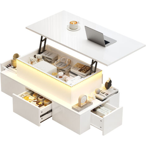 Tavolino da Salotto 100x50x40 cm, Piano Sollevabile Multifunzionale, Ripiani Aperti, MDF Bianco, per Soggiorno