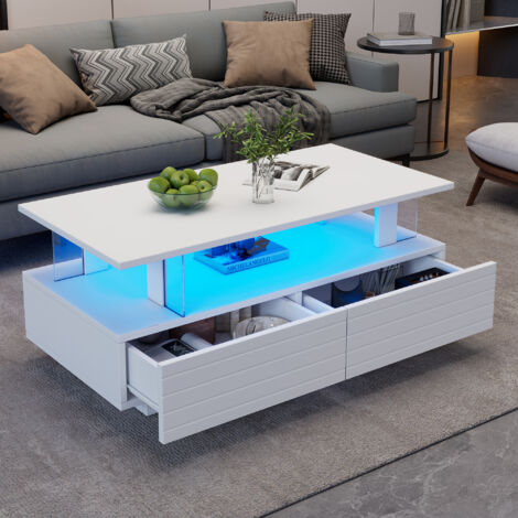Tavolino da salotto 100x50x42cm portata 30kg LED 60000 colori doppio ripiano Acrilico Bianco per soggiorno