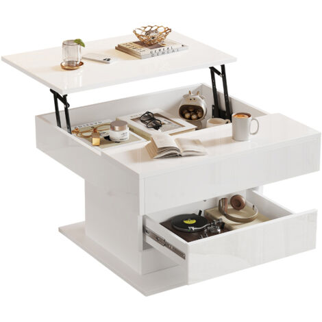 Tavolino da salotto 70x70x45cm Piano sollevabile Cassetto integrato Rotazione 360, MDF, Bianco, per soggiorno e camera