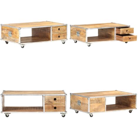 Tavolino da Salotto 89x59x33 cm in Massello di Mango Grezzo - Tavolino da caffè in legno massello - Tavolino in legno con cassetti