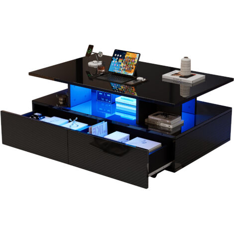 Tavolino da Salotto 90x55x41 cm, 2 Cassetti, Luce LED, Capacità di carico 30 kg, Pannello Truciolare Nero, per Soggiorno