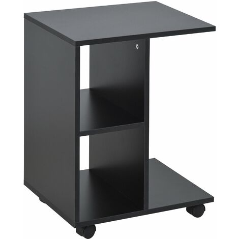 Tavolino da Salotto a C 45x35x58 cm con 2 Ripiani e 4 Ruote Girevoli Nero