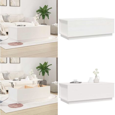 Tavolino da Salotto Bianco 100x50x35 cm Legno Massello di Pino - Tavolino in legno massello - Tavolino con piano sollevabile