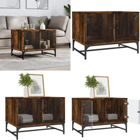 Tavolino da Salotto con Ante in Vetro Rovere Fumo 68,5x50x50 cm - Tavolino con ante in vetro - Tavolino moderno