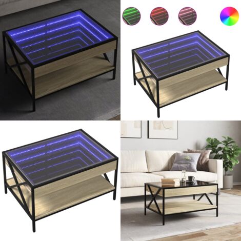 Tavolino da Salotto con LED Infinity Rovere Sonoma 70x50x38 cm - Tavolino con specchio - Tavolino da soggiorno con luci